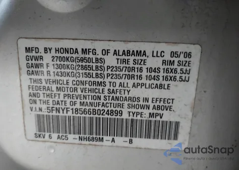 2006 Honda Pilot Ex-L z USA, uszkodzony, nr VIN 5FNYF18566B024899